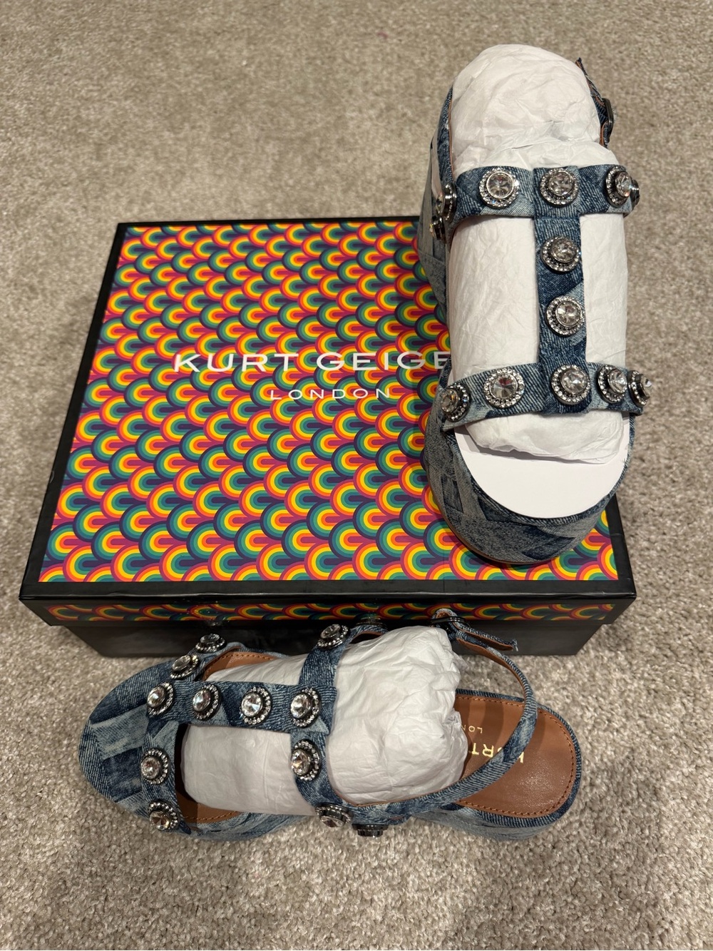 Kurt Geiger Denim Jeweled Octavia Sandals